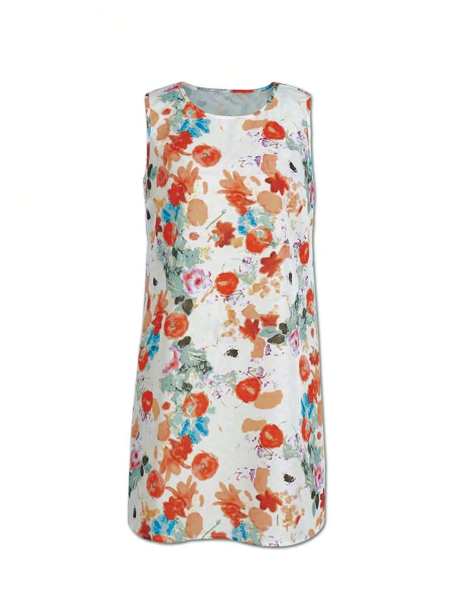 Chiquease Women's Summer Floral Printed Sleeveless Casual Tank Dress With Round Neck - Orange - View 1