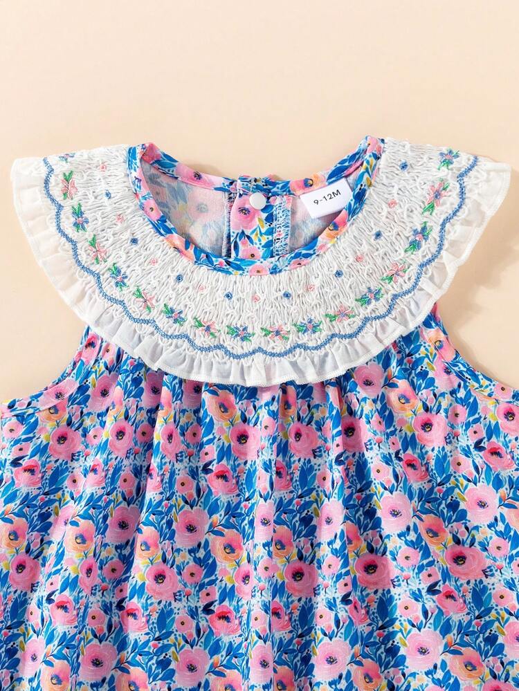 Baby Girl Casual/ Vacation Style Floral Embroidered Sleeveless Jumpsuit, Summer