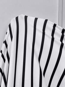 Calvaya 大码圆领无袖黑白条纹针织面料不对称领带蝴蝶结装饰休闲中长连衣裙，夏季 - 黑與白 - 查看 7