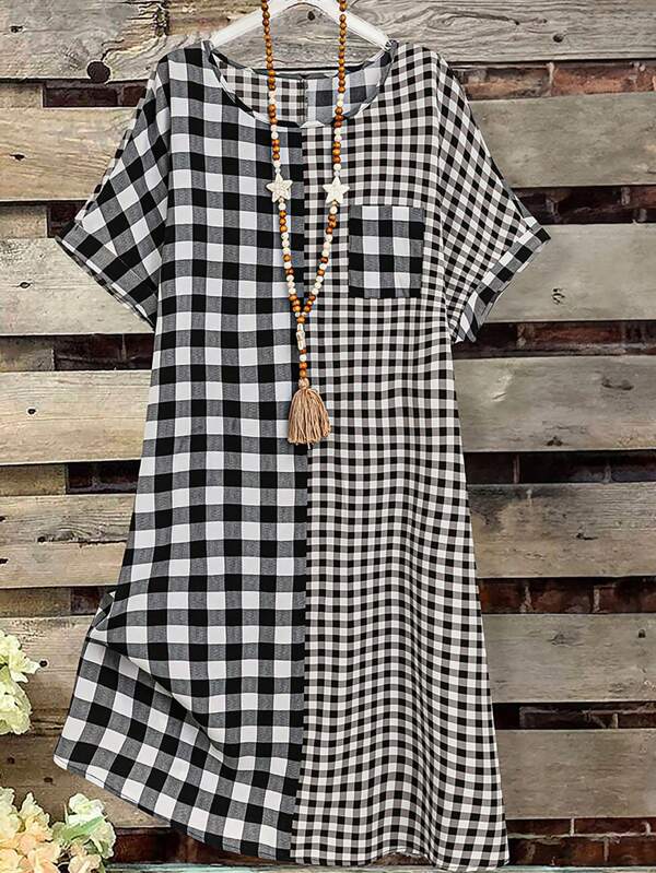 EMERY ROSE Summer Women's Plus Size Plaid Printed Round Neck Dress