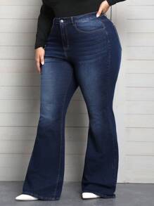 SHEIN CURVE+ Denim ukuran plus Tombol Kantong Zip Plain - Dark Wash - View 2