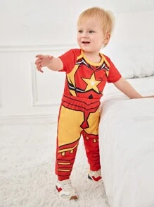 SHEIN 2pcs Baby Boys' Casual Home Daily Wear Cute Robot Muscle Pattern Printed Outfit - Red - View 5