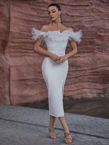 White Off Shoulder Mesh Slit Bodycon Wedding Dress - White - View 1