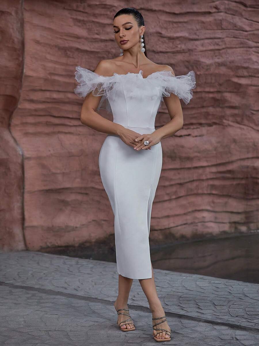 White Off Shoulder Mesh Slit Bodycon Wedding Dress - White - View 1