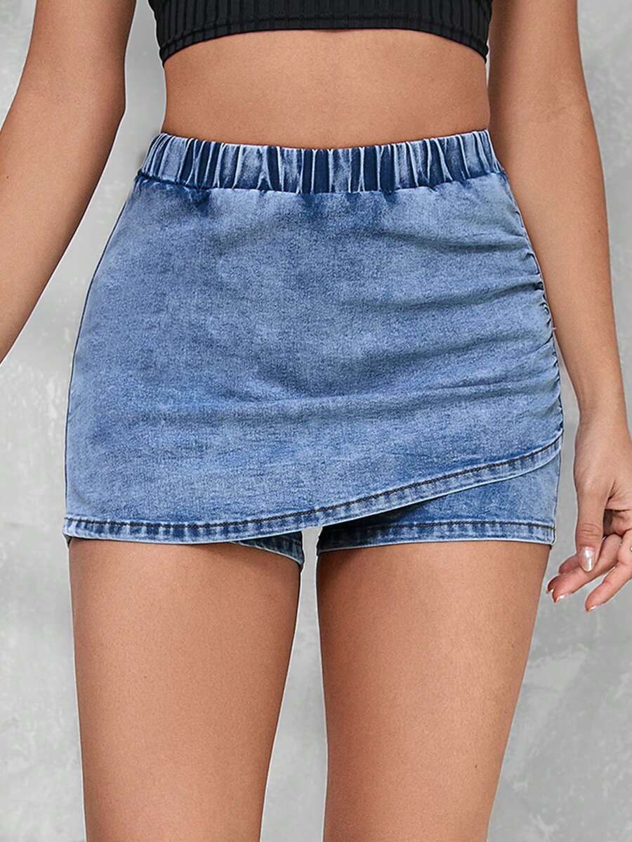 SHEIN Tall Váy denim quấn vải xếp nếp thông thường dành cho nữ cho mùa hè - Rửa nhẹ - Xem 1