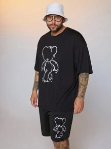 Manfinity VCAY 2pcs/Set Plus Size Men's Knitted Casual Short Sleeve T-Shirt Set, Suitable For Summer & Daily Wear , Going Out , Graphic , Bear , Plain - Black - View 3