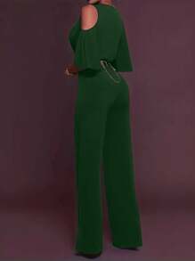 INAWLY Women's Solid Color Simple Daily Off Shoulder Jumpsuit - Green - View 2