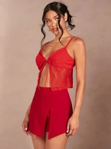 SHEIN BAE 迷人的針織蕾絲拼接綁帶背心，適用於約會夜晚、派對和聚會的夏季上衣及夏季短開衫搭配 - 紅色 - 查看 3