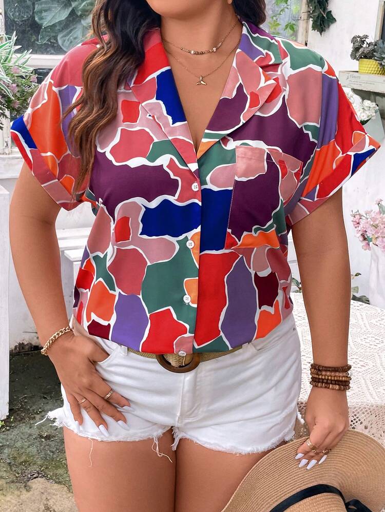 Plus Size Women's Geometric Printed Batwing Short Sleeve Casual Shirt, Summer