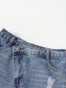 SHEIN Tween Girl Ripped Sleeveless Vest And Slanted Waist Ripped Skirt - Light Wash - View 4