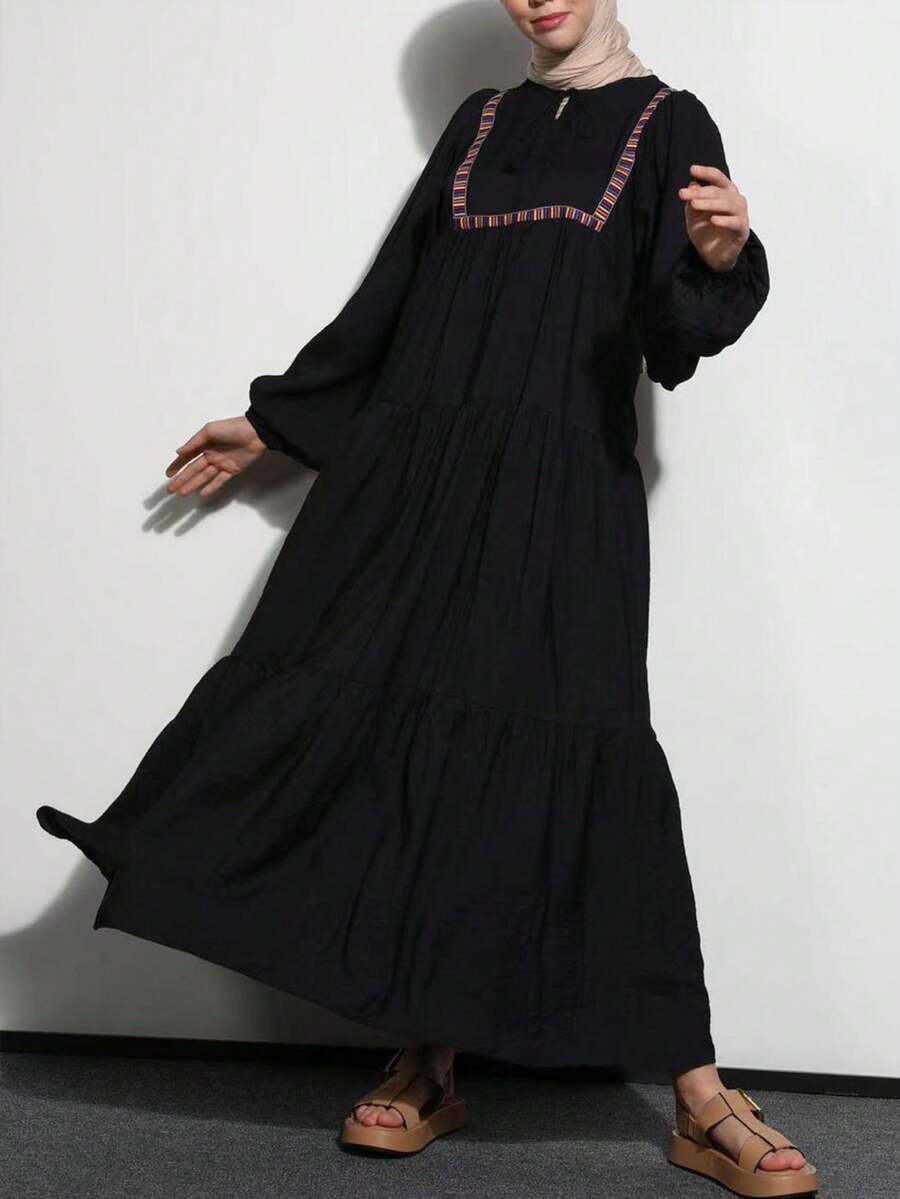 穆斯林女士簡約刺繡長裙，搭配燈籠袖，黑色 - 黑色 - 查看 1