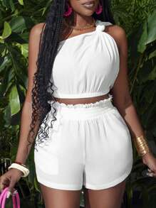Slaydiva New Arrival Vacation Oblique-Shoulder Twist Crop Top With Slim-Fit Ruffled Edge Shorts -E