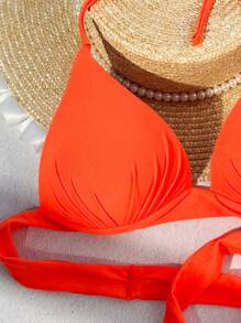 SHEIN Swim 夏季單色露背無鋼圈胸墊比基尼上衣，夏季沙灘泳衣 - 橘色 - 查看 3