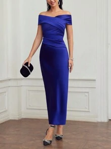 MOTF PREMIUM OFF SHOULDER CROSS WRAP SLIM FIT EVENING DRESS,SPRING/SUMMER - Blue - View 8
