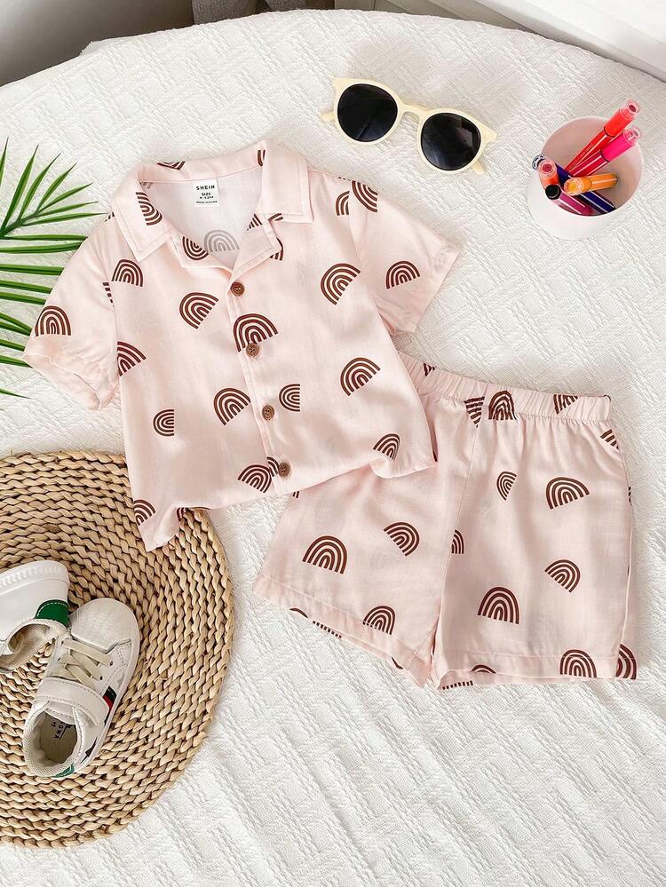 Cute Baby Boy Or Baby Girl Cartoon Print Short Sleeve Shirt With Elastic Waist And Loose Shorts Set, Perfect For Summer