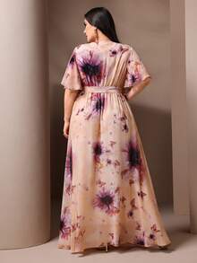 Plus Size Elegant Floral Print Dress, Summer - Pink - View 2