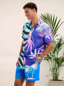 Manfinity VCAY Camisa casual de manga corta con estampado de plantas tropicales para hombre, para el verano
