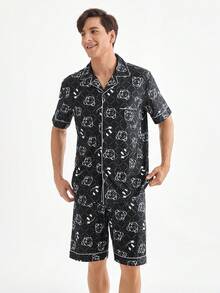 男士流行熊印花短袖衫和短褲家居服套裝 - 黑色 - 查看 7