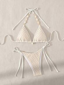 SHEIN Swim Ladies' Summer Beach Solid Color Hollow Out Halter Neck Bikini Set - Apricot - View 4