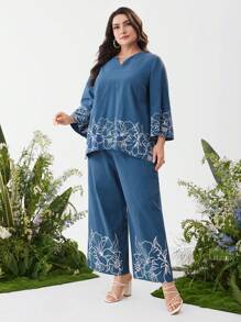 Mulvari Women's Plus Size Fashion Printed Long Sleeve Top And Pants Two Pieces Set - Blue - View 5