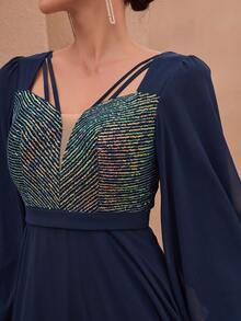 Elegante abito a-line in chiffon con maniche a lanterna, scollo a v scintillante, orlo con paillettes, abito lungo da ballo, da cerimonia di matrimonio, per compleanni, lauree, homecoming - Blu Navy - Visualizzare 4