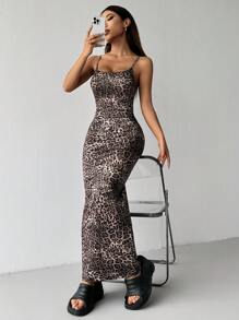 SHEIN EZwear Women's Spaghetti Strap Bodycon Leopard Print Dress, Summer,Summer Dresses For Women - Brown - View 5
