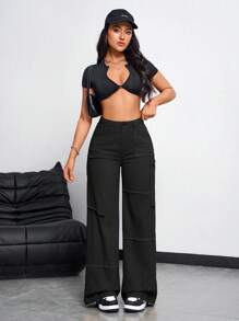 SHEIN Tall Quần jean ống rộng dáng rộng thoải mái cho nữ có túi vá và viền sờn - màu đen - Xem 3