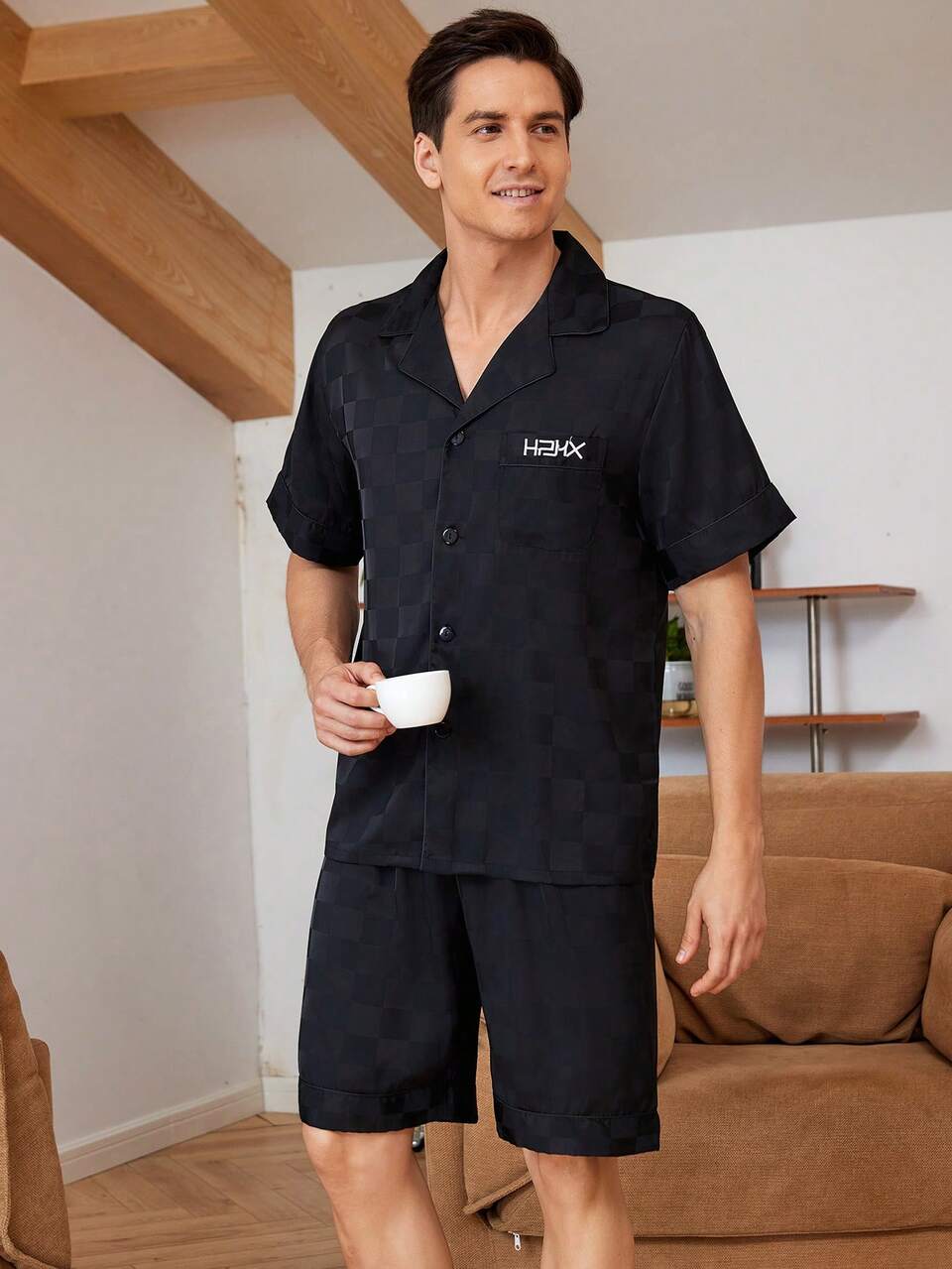 Men's Simple Print Short Sleeve And Shorts Homewear Set