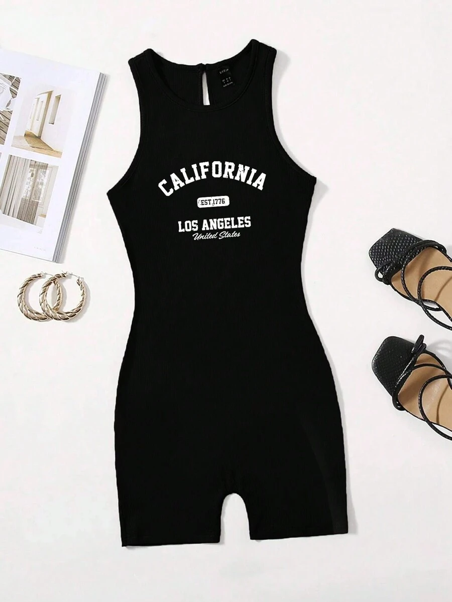 SHEIN LUNE Lässige gestrickte Kalifornien-Stil Damen Rundhals Einteiler mit dicken Trägern, perfekt für den Sommer, geeignet als Freizeitbekleidung für Damen - Schwarz - Übersicht 1