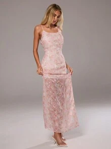 Aloruh Women's Allover Print Spaghetti Strap Mesh Summer Holiday Dress - Pink - View 4