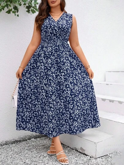 SHEIN Clasi 大尺碼女裝無袖花卉印花長裙夏季裙