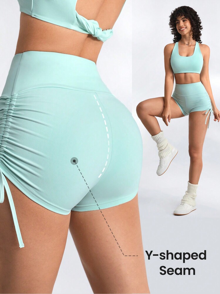 SHEIN Sports Peach Butt Yoga Đàn hồi eo cao Chạy thể dục Quần short thể thao Quần short dây rút - màu xanh lá - Xem 3