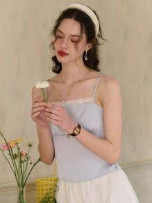 Simple Retro 女士蕾絲拼接背心上衣 - 藍色 - 查看 6