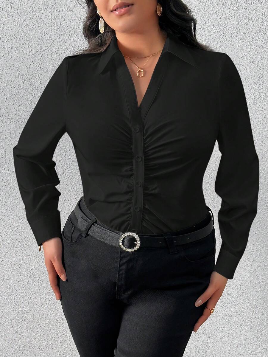 SHEIN Privé Elegante camisa de talla grande de unicolor con diseño plisado - Negro - Ver 1