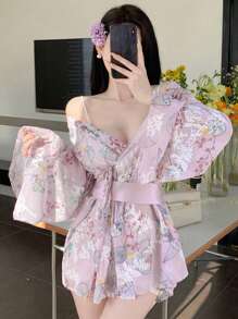DAZY 女式夏季束带印花V领连衣裙 - 粉色 - 查看 1