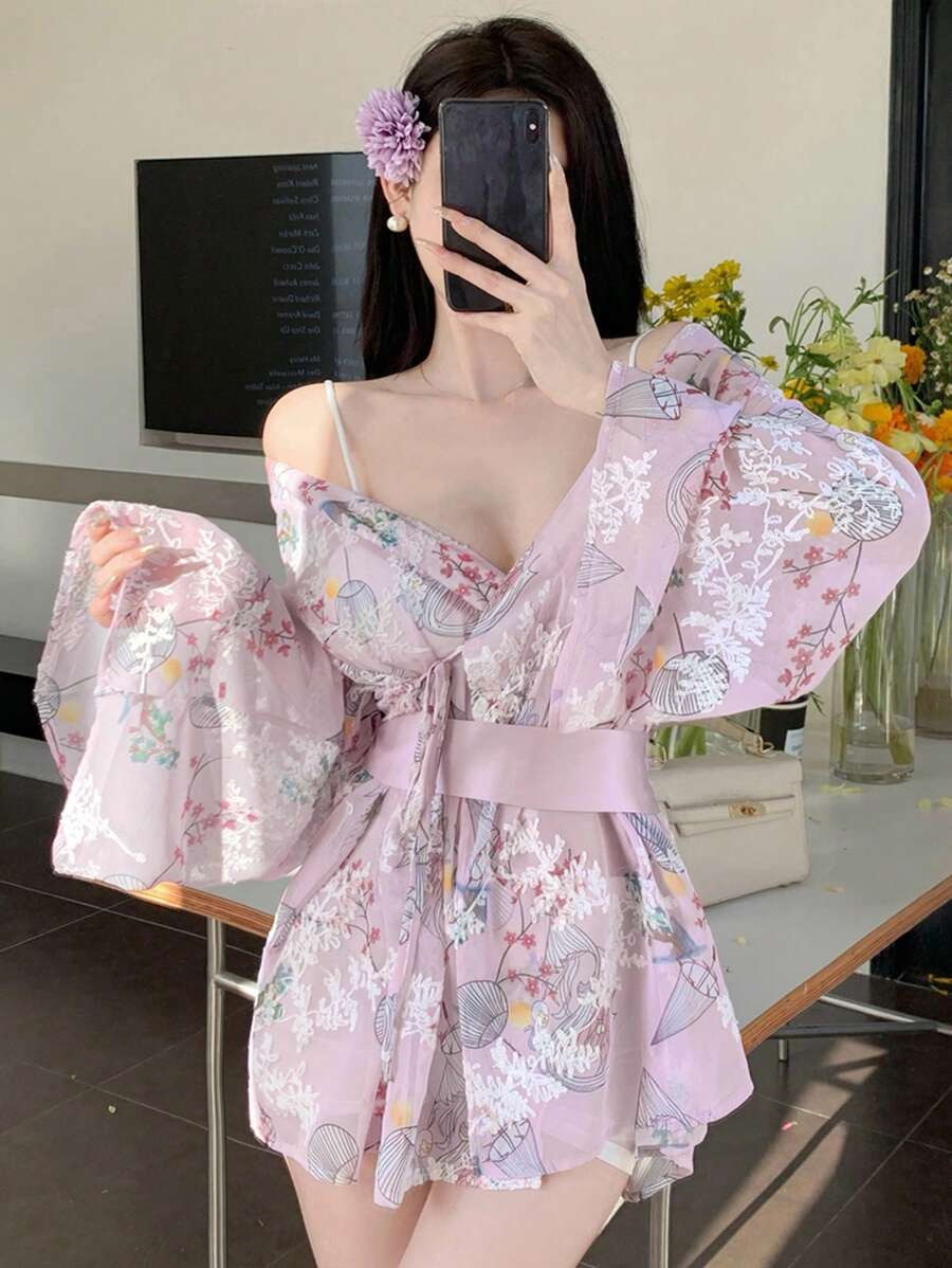 DAZY 女式夏季束带印花V领连衣裙 - 粉色 - 查看 1