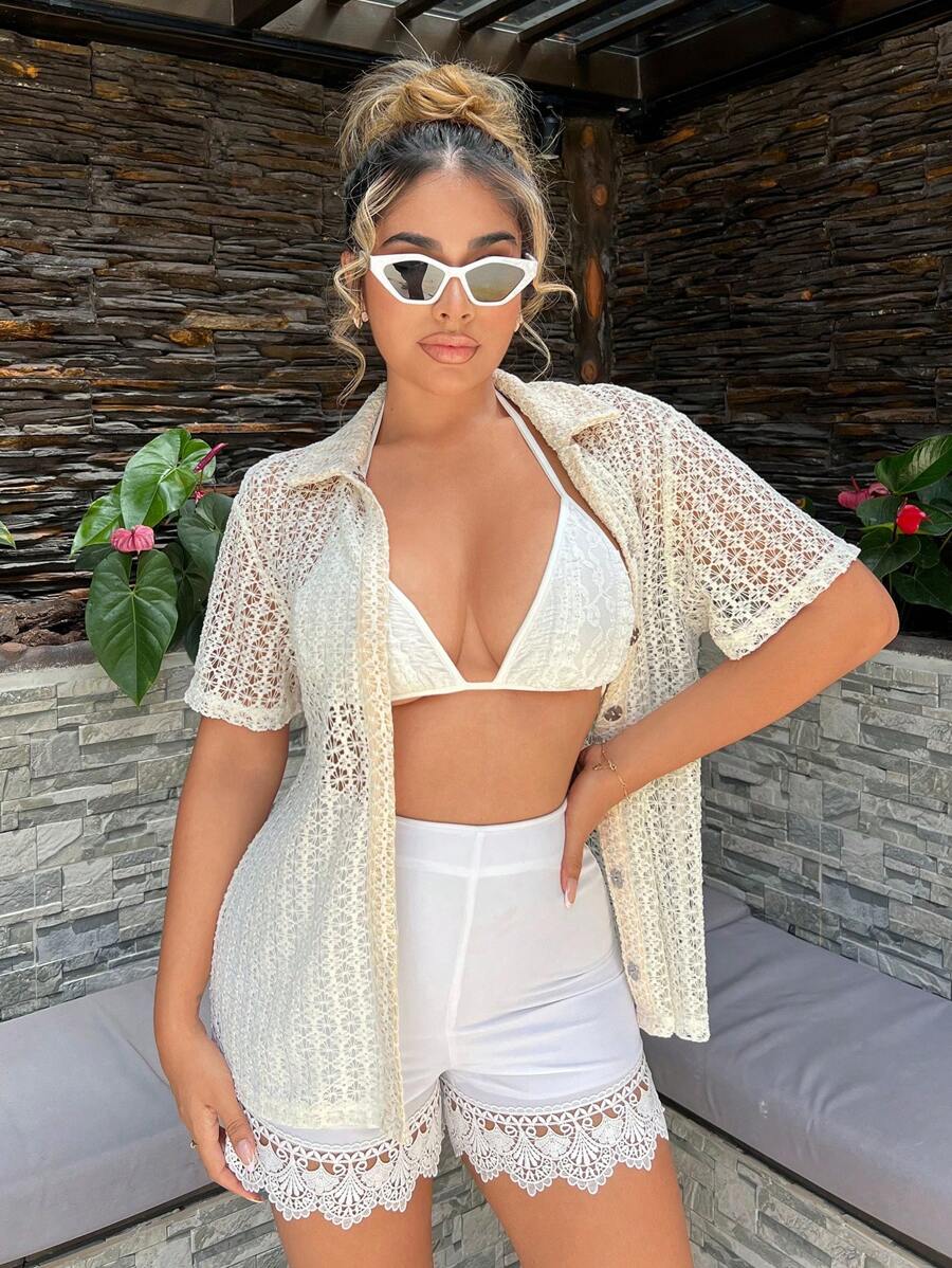 SHEIN SXY Women's Fashionable Solid Color Hollow Out Short Sleeve Top Summer Vacation Holiday Beach BOHO Sexy Boho Birthday Bachelorette Party - Apricot - View 1