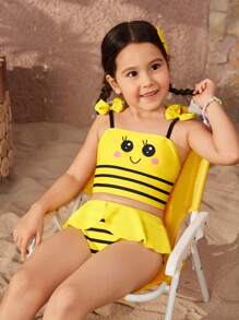 年轻女孩拼色条纹卡通印花比基尼套装海滩度假夏日海滩 - 黃色 - 查看 3