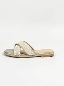 Women Glitter Crisscross Decor Sandals, Holiday Style, Gold Flat Sandals, Daily Wear & Home Sandals, High-End Look, Comfortable & Versatile - Gold - View 7
