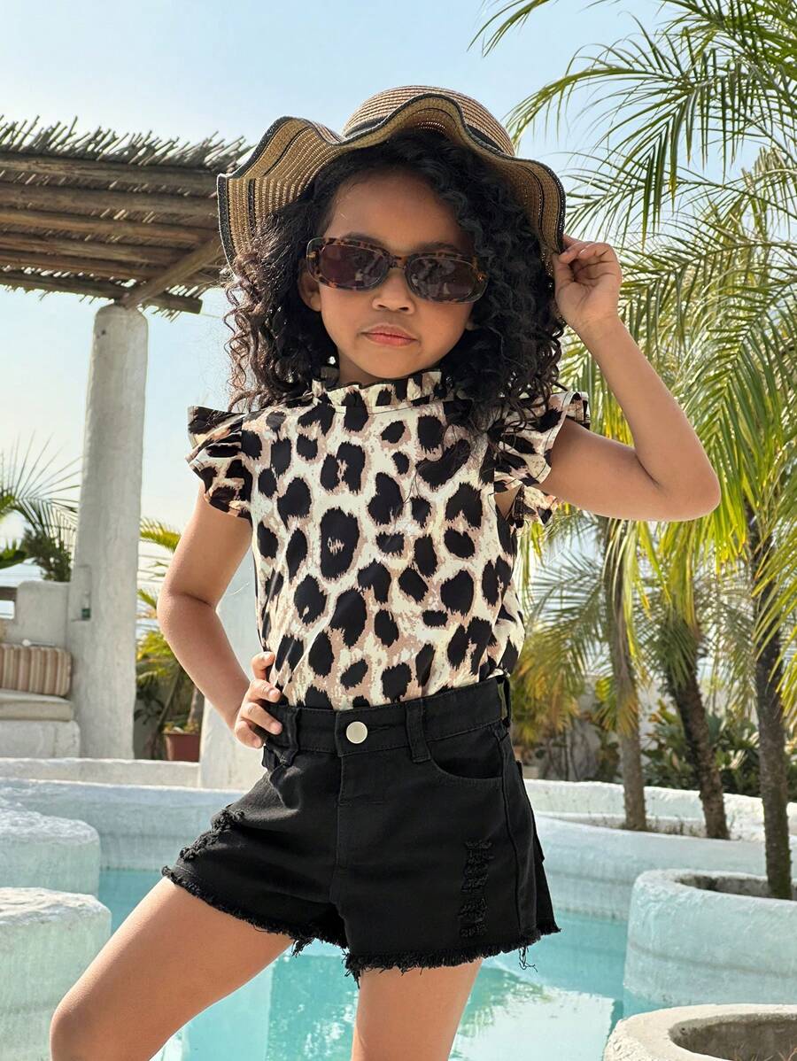 SHEIN 年轻女孩休闲豹纹盖袖衬衫，适合日常穿着 - 彩色 - 查看 1
