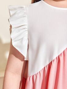 SHEIN Tween Girl Extended Size Loose Casual Round Neck Pullover Color Block Cap Sleeve Dress - Pink - View 6