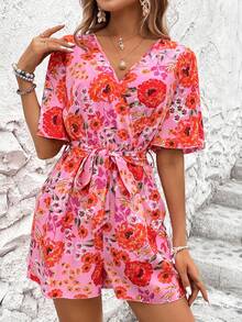 Breezaya Bộ áo liền quần cổ chữ V in hoa đầy màu sắc cho nữ - Nhiều màu - Xem 3