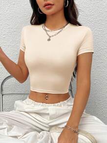 SHEIN PETITE Casual Round Neck Tight Short Sleeve T-Shirt For Women, Suitable For Summer - Apricot - View 9