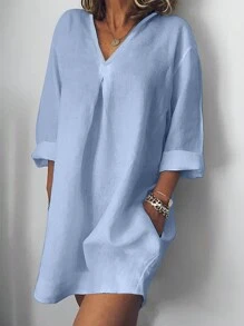 Fashionable Women Loose Fit V-Neck Mid-Sleeve Solid Color Dress - Baby Blue - View 1