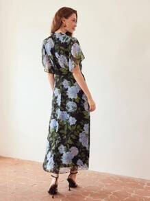 MOTF PREMIUM FLORAL PRINT FRILL MOCK NECK FLUTTER SLEEVE DRESS - Multicolor - View 5