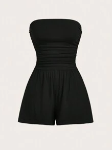 SHEIN EZwear 女士夏季筒型連身短褲，採用收口設計細節 - 黑色 - 查看 2