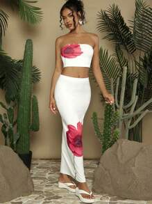 SHEIN VCAY 女款夏季花卉印花短胸衣上衣配長身修身裙度假套裝 - 彩色 - 查看 4