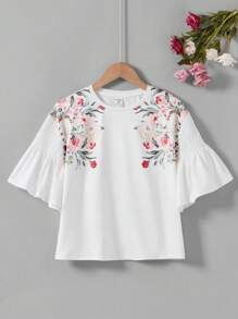 SHEIN LUNE Áo thun tay phồng cổ tròn thông thường có chi tiết xếp nếp và in hoa ở cả hai mặt, màu trắng - Nhiều màu - Xem 6