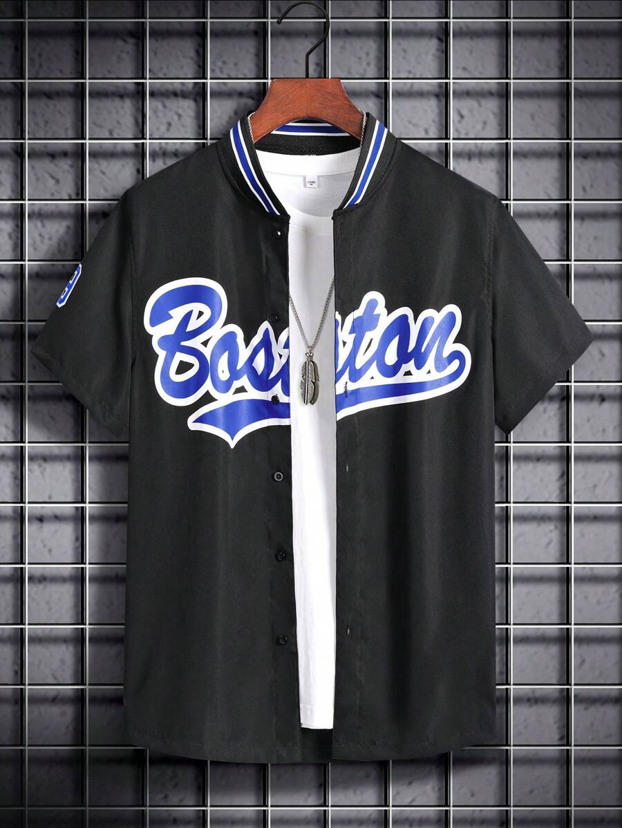 Aesthetic Post Áo sơ mi Nam Nút phía trước Lá thư Sẵn sàng - màu đen - Xem 1