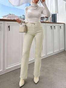EURMUSE High Waist Straight Leg Jeans - Beige - View 5